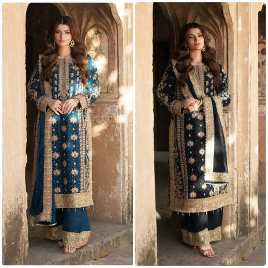 Heavy  Embroidery Sequence Work Suit With Top Bottom Dupatta Elegant Dresses